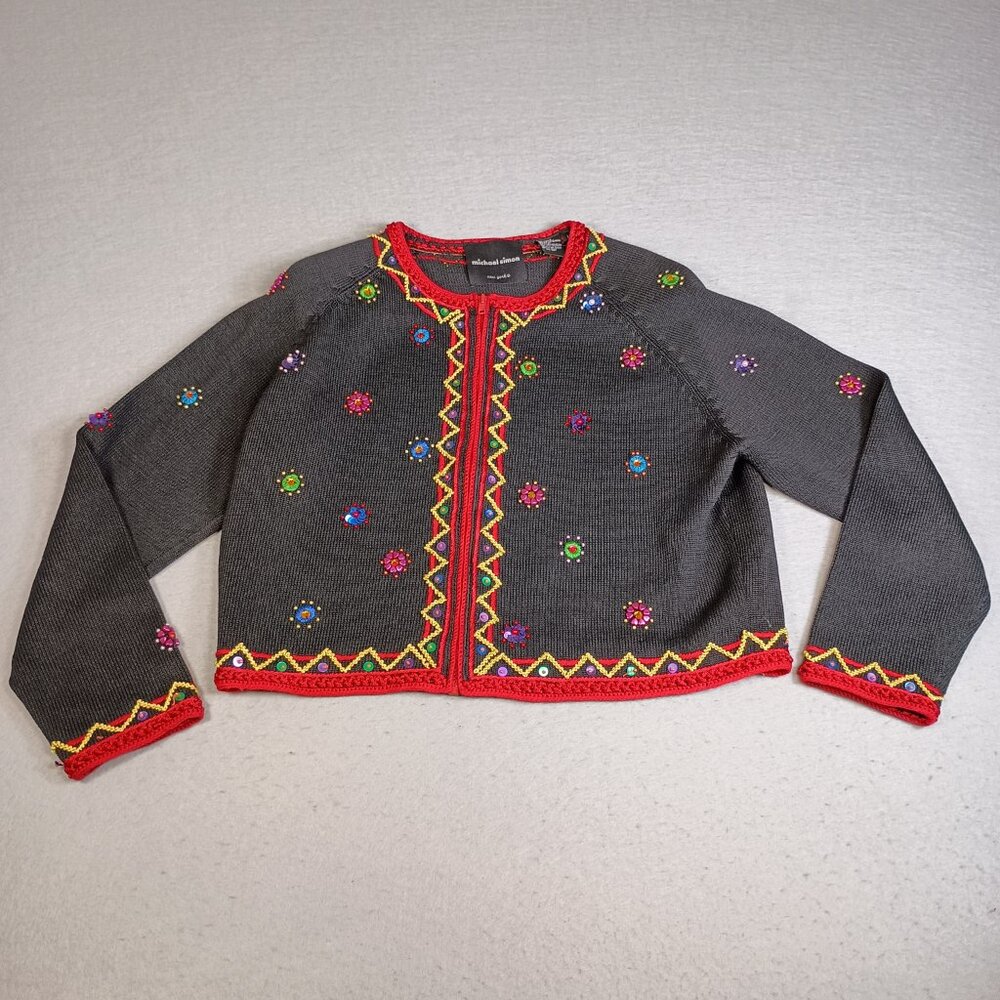 Vintage Michael Simon Women L Christmas Embroidered Full Zip Cardigan Sweater